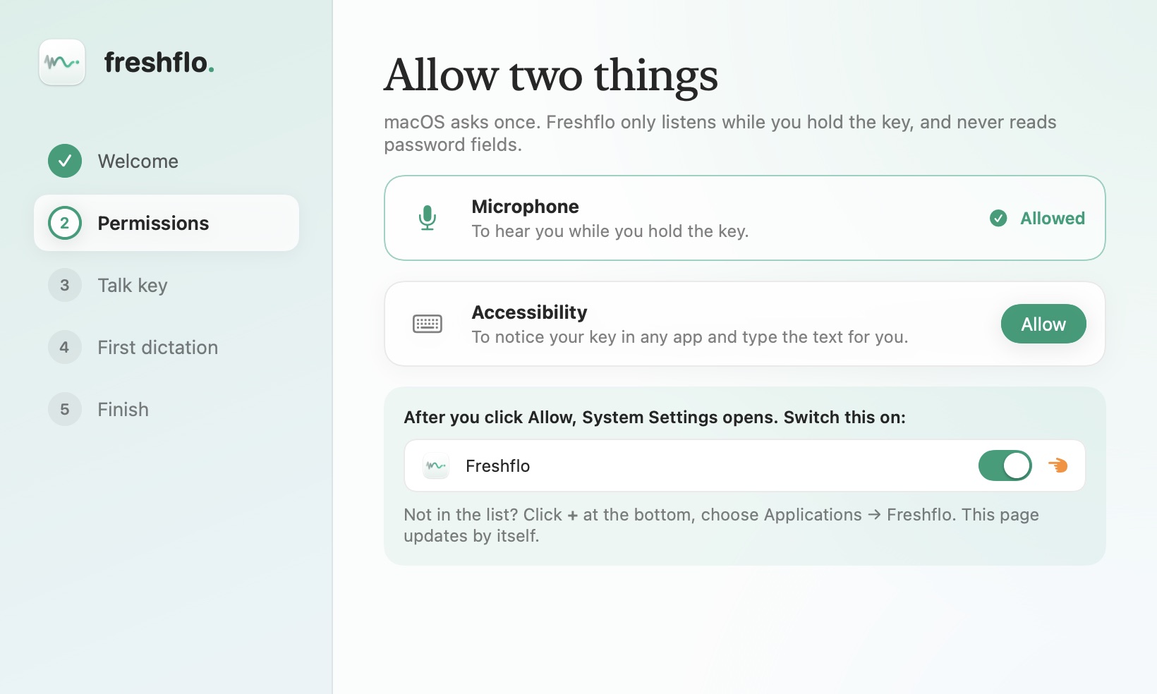 The permissions step, with Microphone allowed and an Allow button for Accessibility.