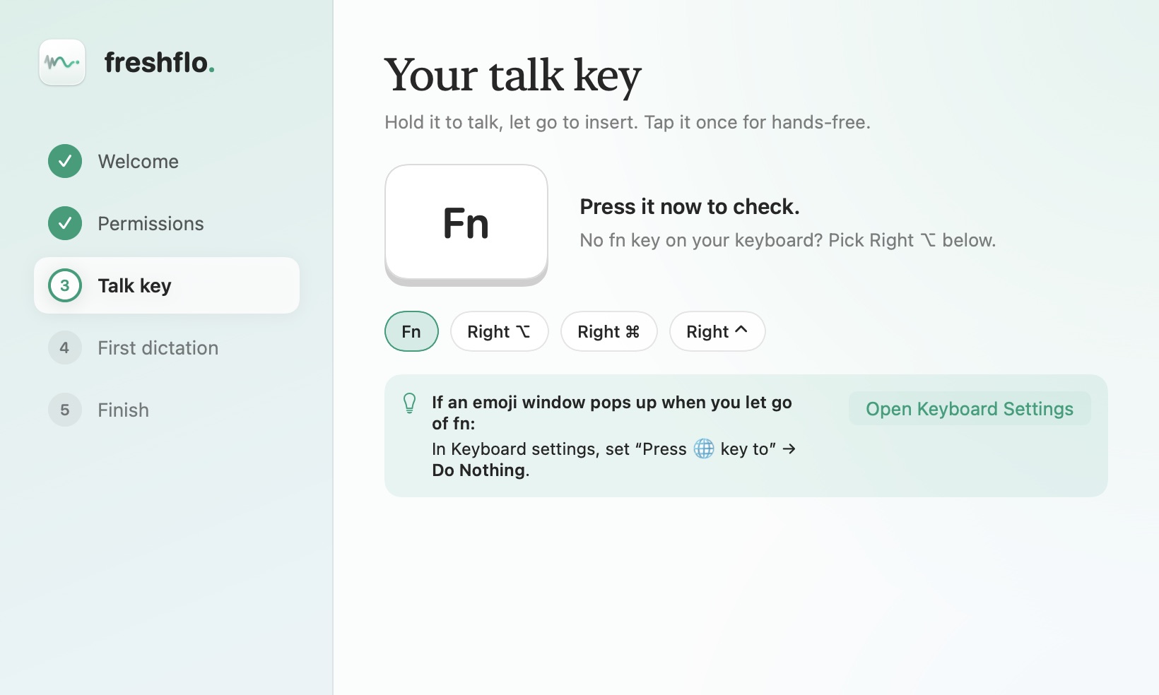 The talk key step, with a large fn keycap that lights up when pressed.